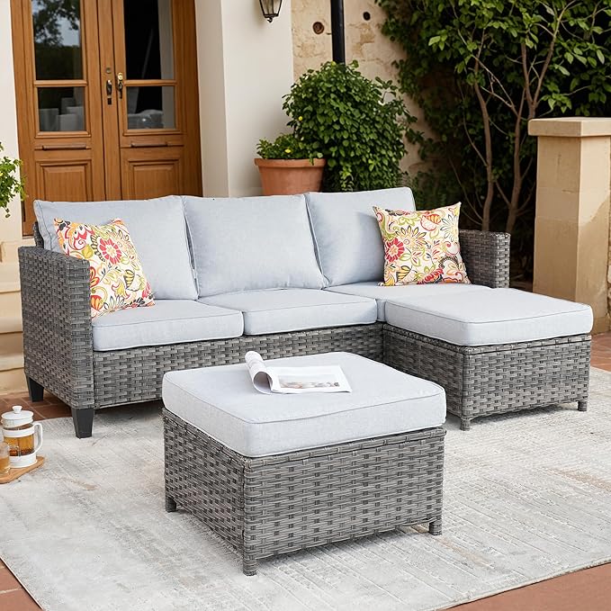 Patio Sofa 3 Pieces Patio Furniture Set Outdoor Wicker Sofa Couch with Ottomans