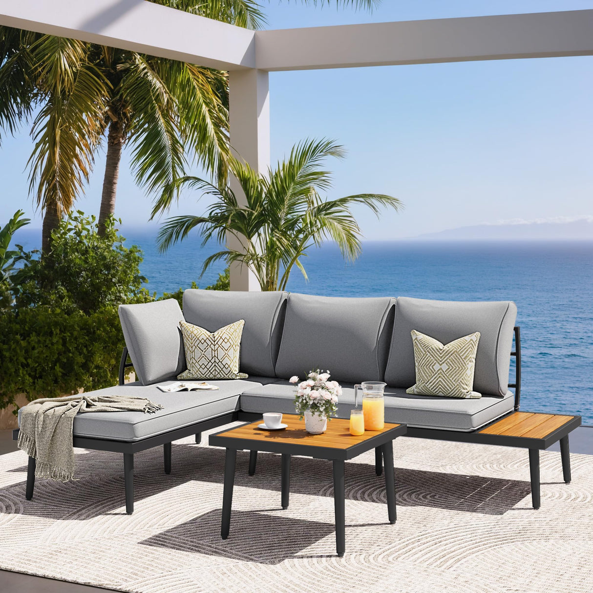 Outdoor Sectional Sofa Set L-Shaped Metal Patio Furniture with All-Weather Cushions