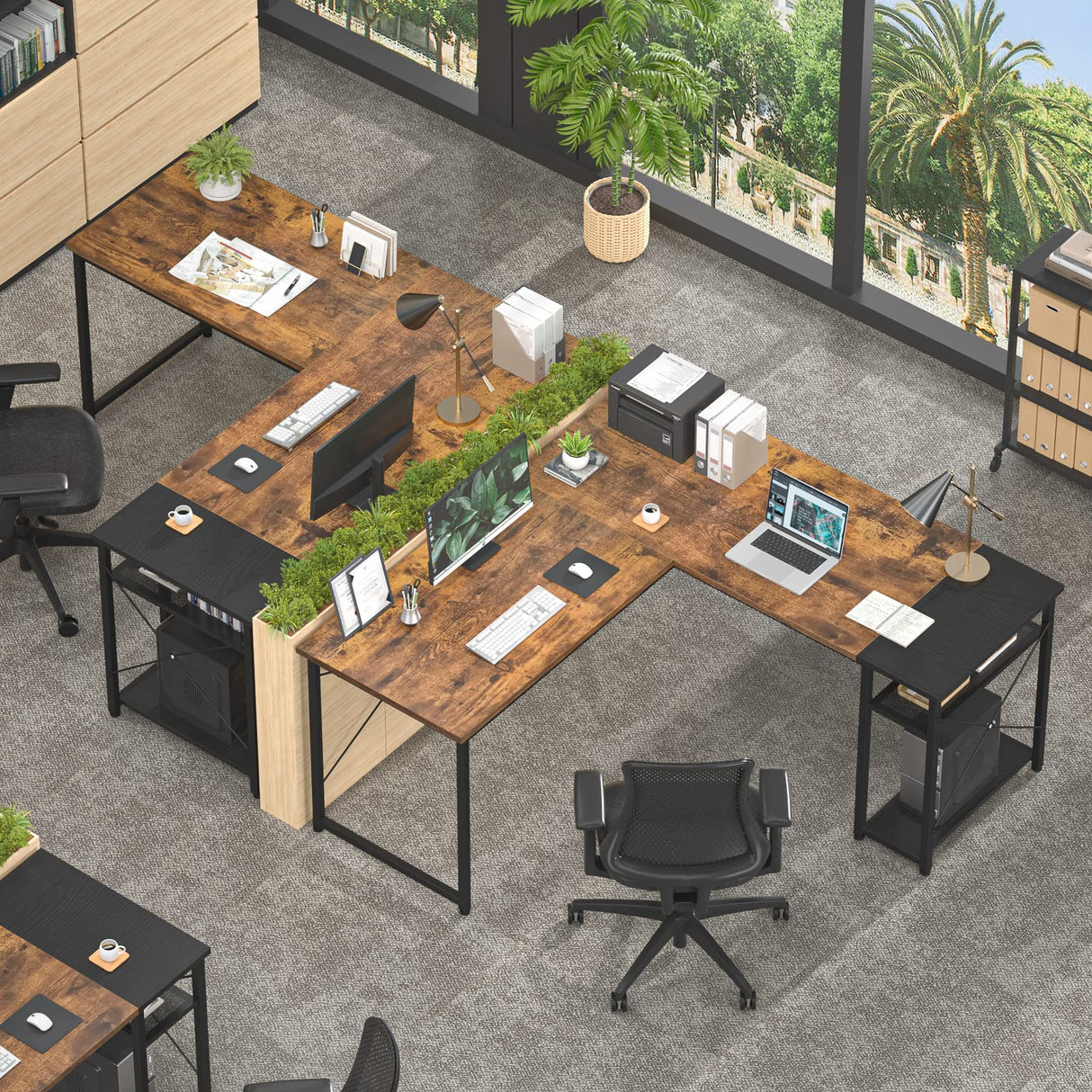 L-Shaped Computer Desk, Industrial Corner Desk Writing Study Table with Storage Shelves, Space-Saving, Large Gaming Desk 2 Person Table for Home Office Workstation, Rustic Brown/Black