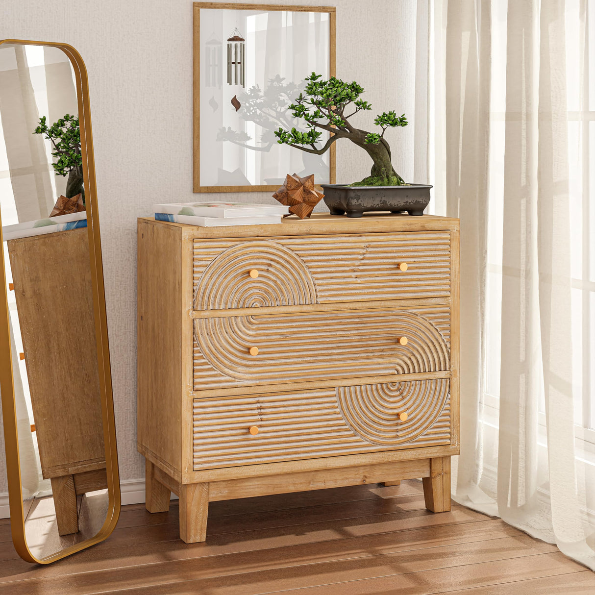 3-Drawer Farmhouse Dresser with Handicraft Wood Ring Motif