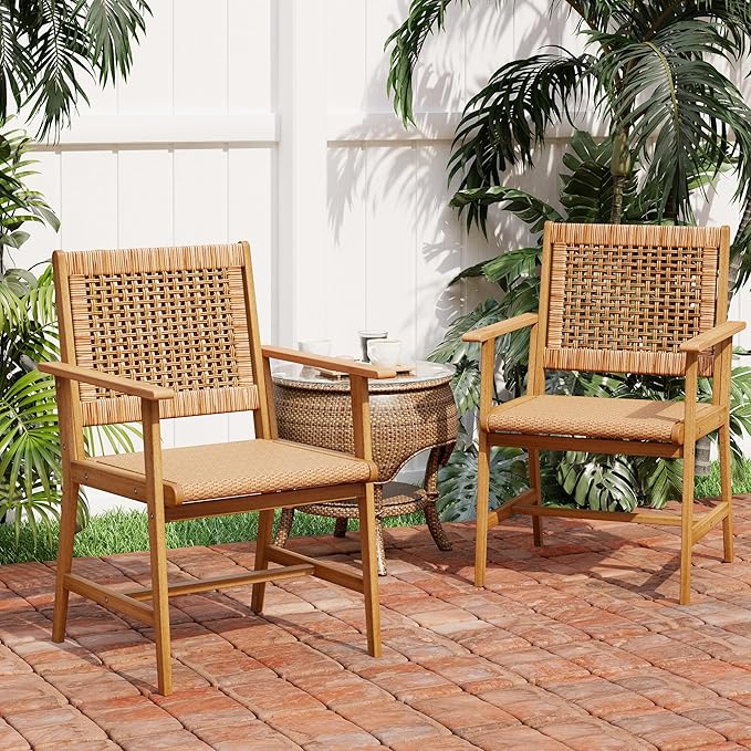 Outdoor Acacia Wood Dining Chairs Set of 2, Armchairs with Strong Wicker Back & Seat