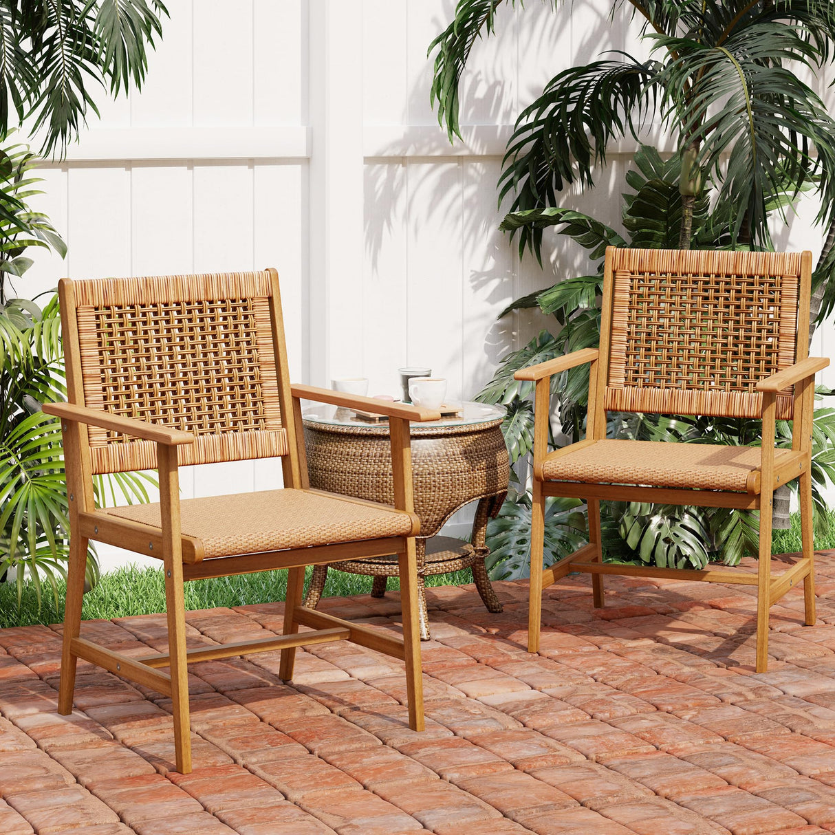 Outdoor Acacia Wood Dining Chairs Set of 2, Armchairs with Strong Wicker Back & Seat