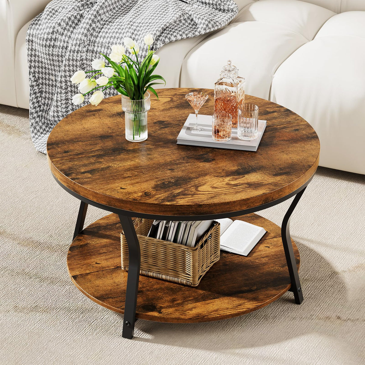Round Coffee Table, Wood Circle Coffee Tables for Living Room