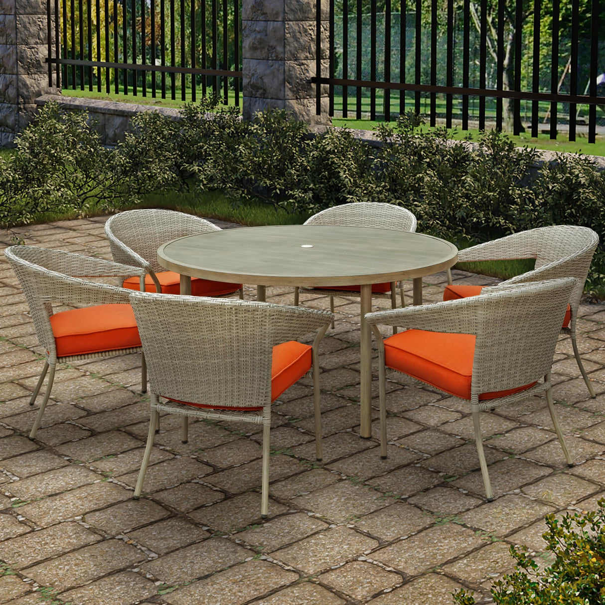 7-Piece Outdoor Patio Wicker Dining Set, Round Table with Umbrella Hole