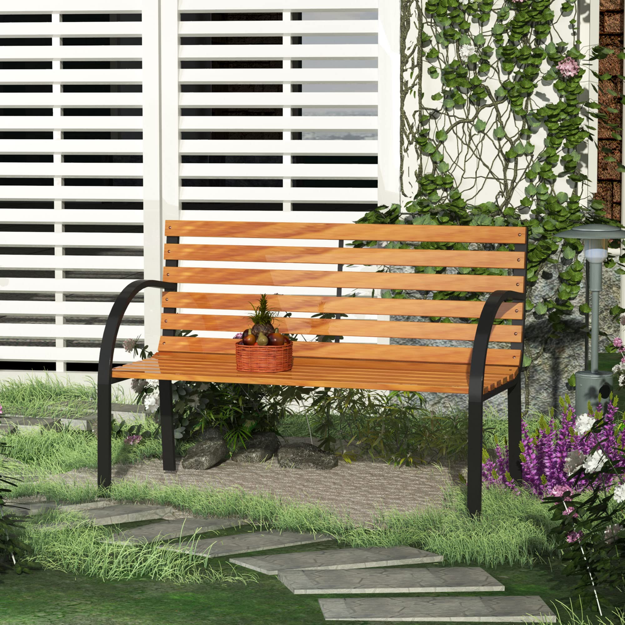 2 Seater Wooden Garden Bench 122 x 60 x 83 cm with Backrest and Armrest
