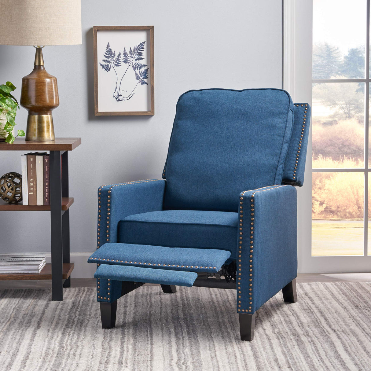 Armstrong Recliner, Navy Blue + Dark Brown