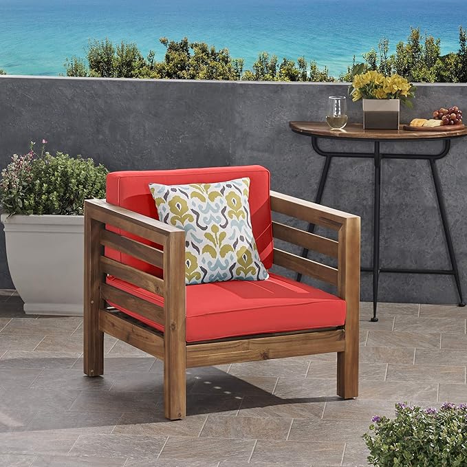 308364 Patio Dining Chairs, Teak Finish + Blue
