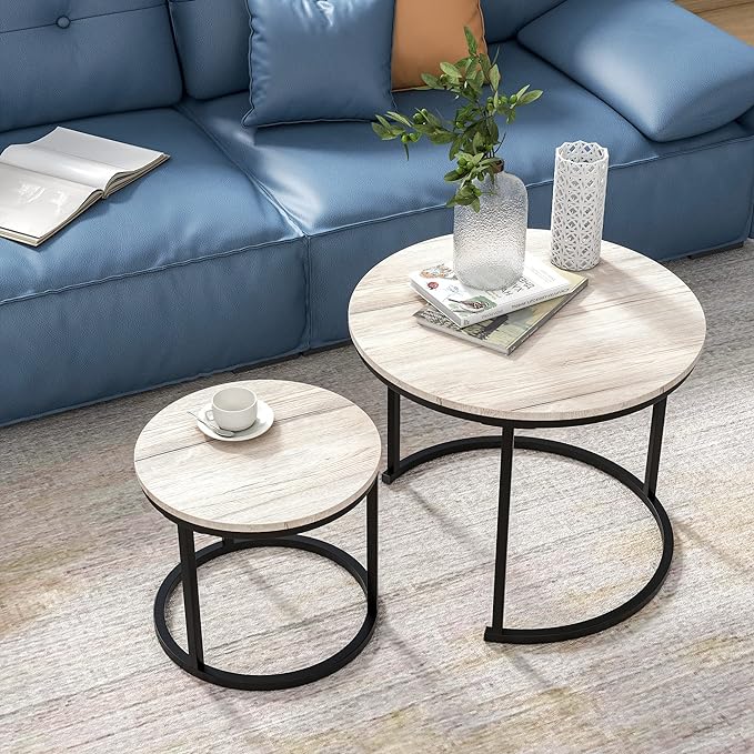 Industrial Round Coffee Table Set of 2 for Living Room,Rustic Small Wood Coffee Table