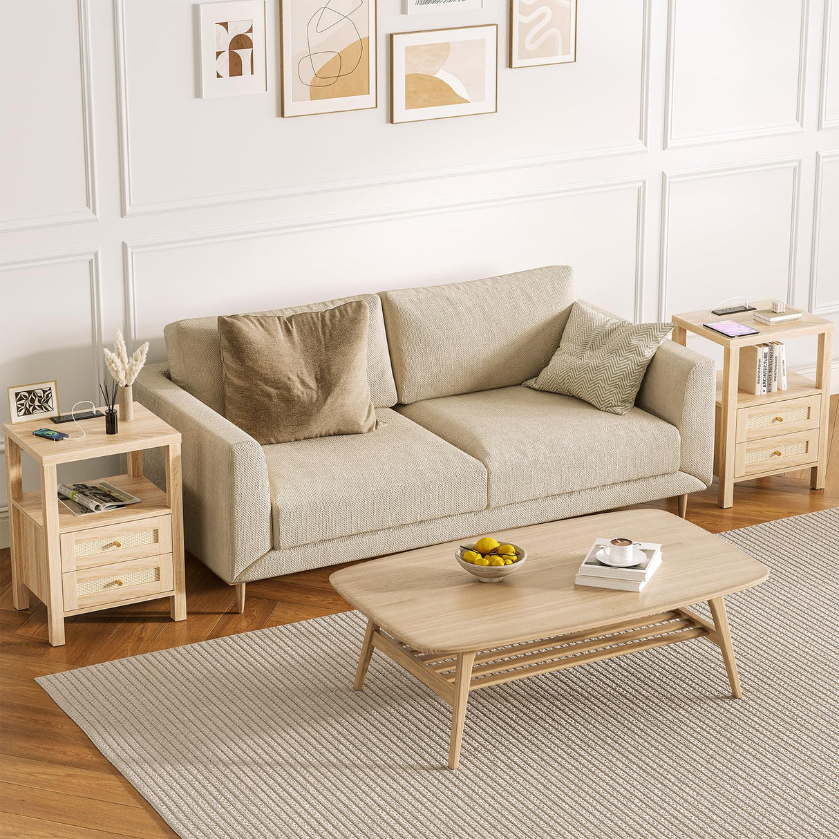 Rattan Nightstands Set of 2 with Charging Station, Farmhouse End Tables with 2 Drawers