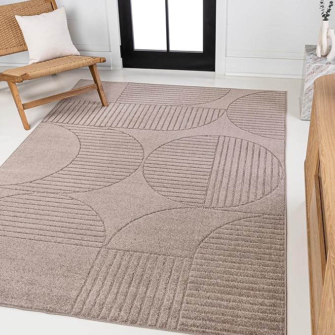 SCN104D-8 Nordby High-Low Geometric Arch Scandi Striped Taupe/Beige 8 ft. x 10 ft