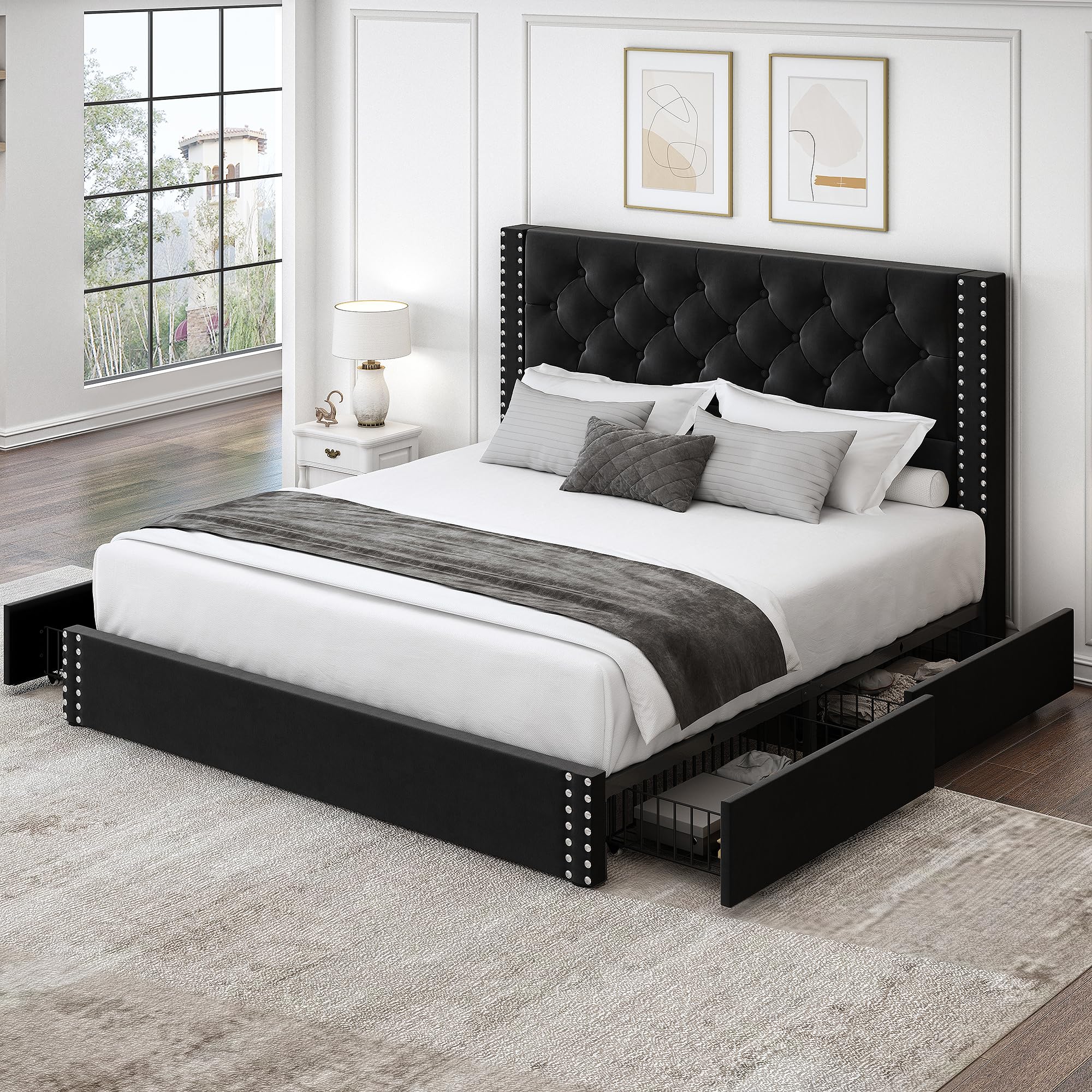 LARMACE Queen Size Upholstered Bed Frame with Storage Velvet Platform Tufted Bed Frame with 4 Drawers and Headboard, Wood Slats Support, No Box Spring Required, Noise-Free, Black