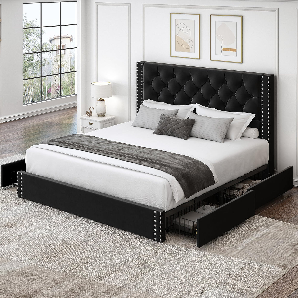 LARMACE Queen Size Upholstered Bed Frame with Storage Velvet Platform Tufted Bed Frame with 4 Drawers and Headboard, Wood Slats Support, No Box Spring Required, Noise-Free, Black
