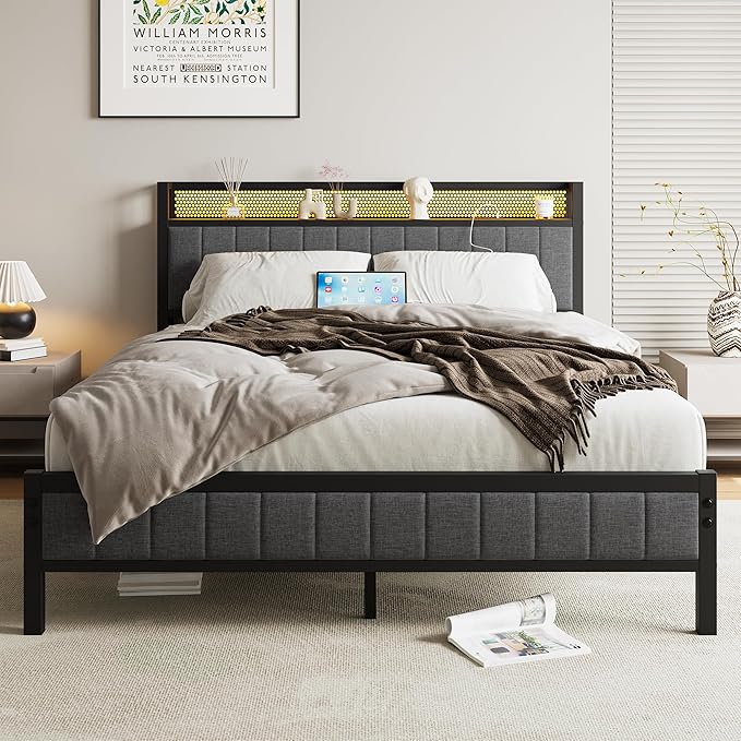 Queen Bed Frame with Storage Headboard,USB Charging Station