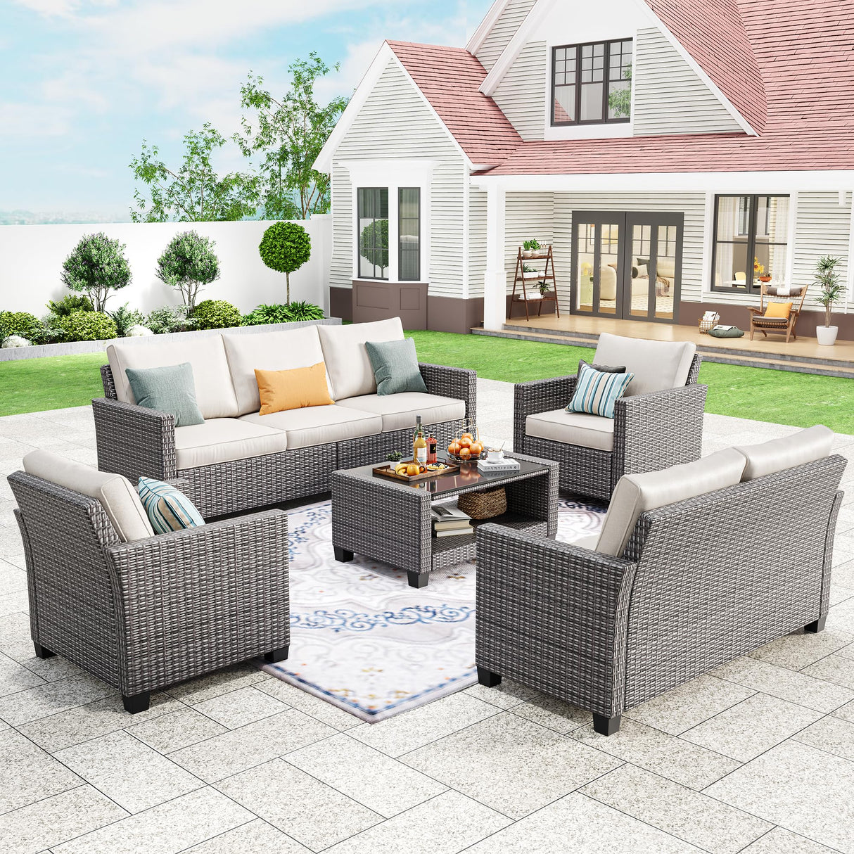 7 Seats Outdoor Wicker Sectional Conversation Set, 5 Pieces Rattan Patio Furniture