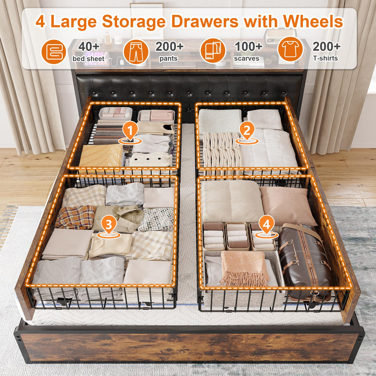 Full Bed Frame with Storage Drawers & Charging Station