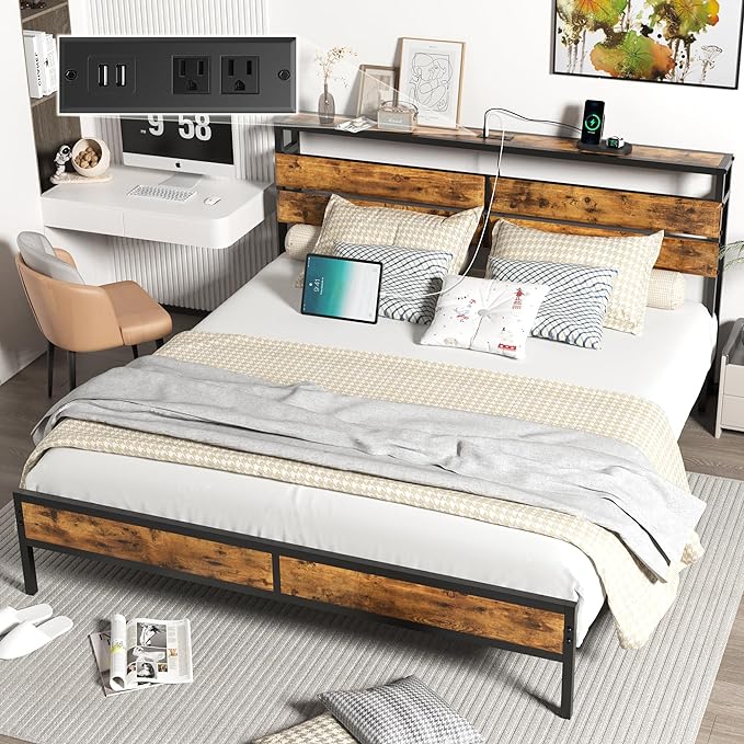 Full Bed Frame with Charging Station Headboard, Platform Bed