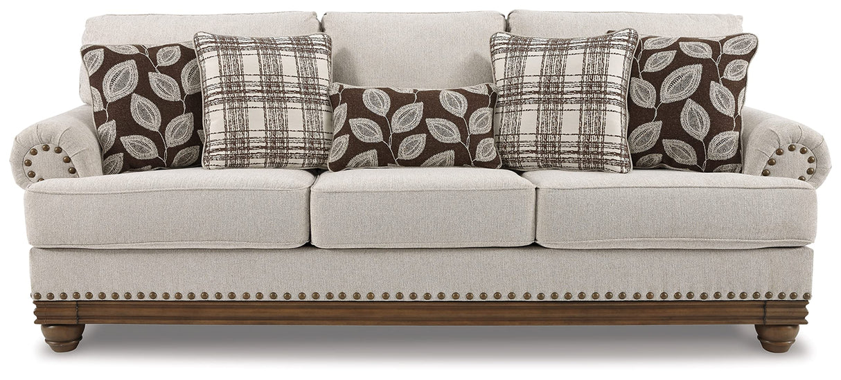 Harleson Modern Farmhouse Sofa with Nailhead Trim and 5 Accent Pillows, Beige