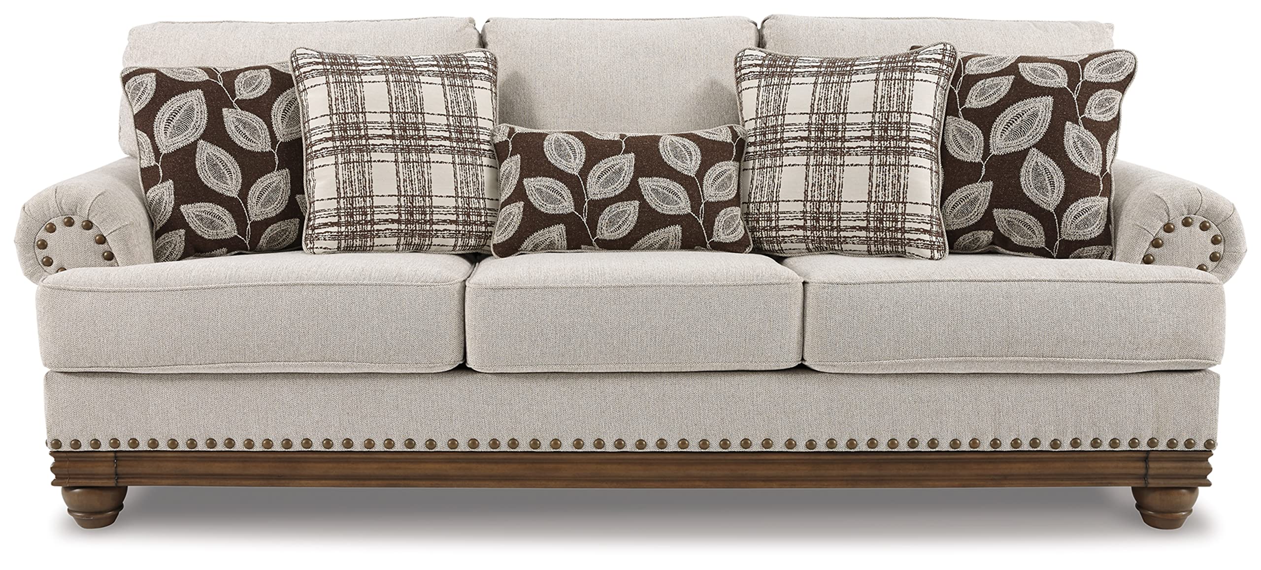 Harleson Modern Farmhouse Sofa with Nailhead Trim and 5 Accent Pillows, Beige