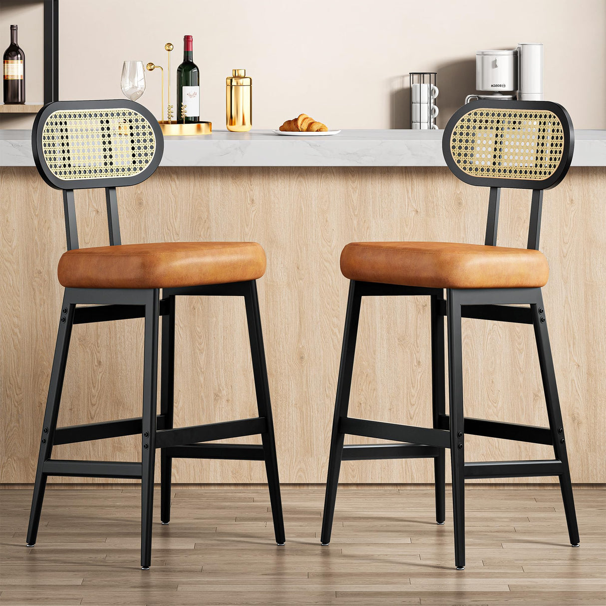 Counter Height Bar Stools Set of 2, Modern PU Leather Barstools
