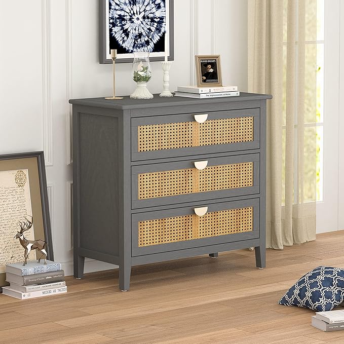 Rustic Nightstand Bedside Table with 3 Mesh Rattan Drawers, Entryway Chest of Drawers