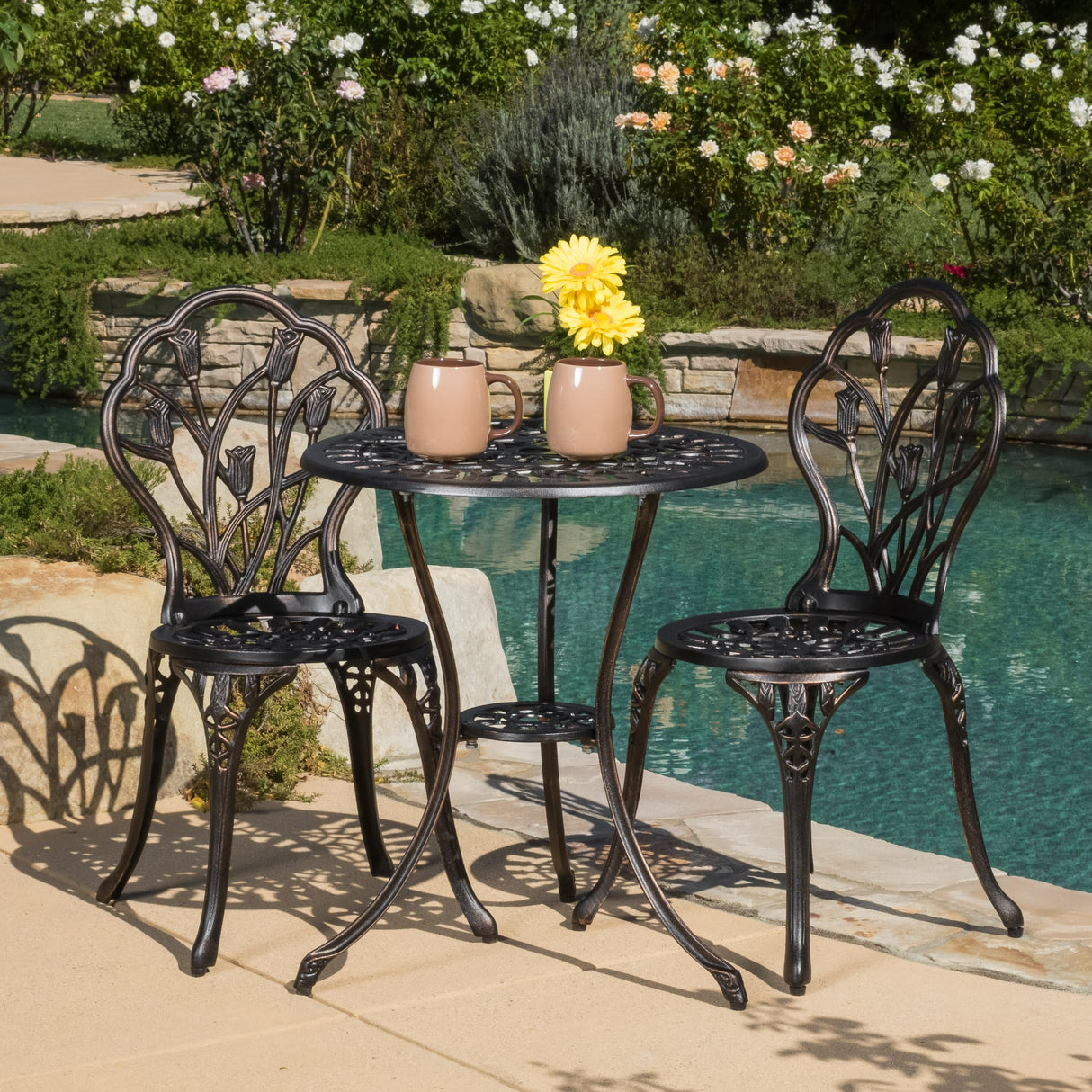 3 Piece Patio Bistro Set, Outdoor Rust-Resistant Cast Aluminum Bistro Set with 2 Chairs