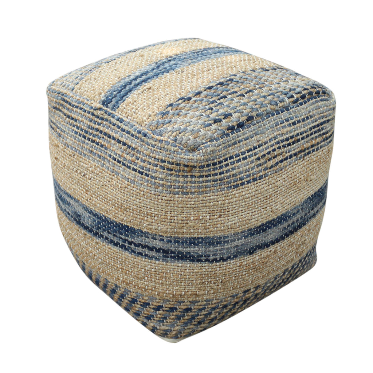 Lola Boho Hemp and Wool Pouf, Natural and Blue