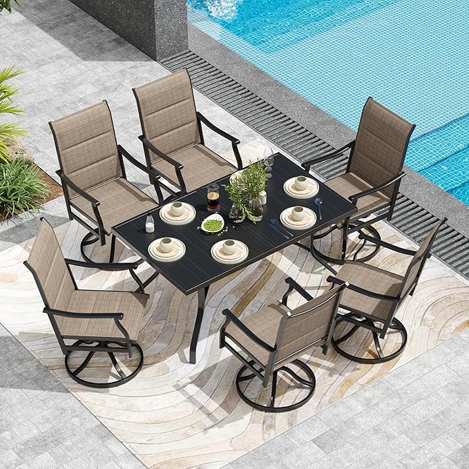 Outdoor Dining Set for 6, 7-Piece Patio Table and Chairs Set, 6 x Swivel Patio Dining Chairs