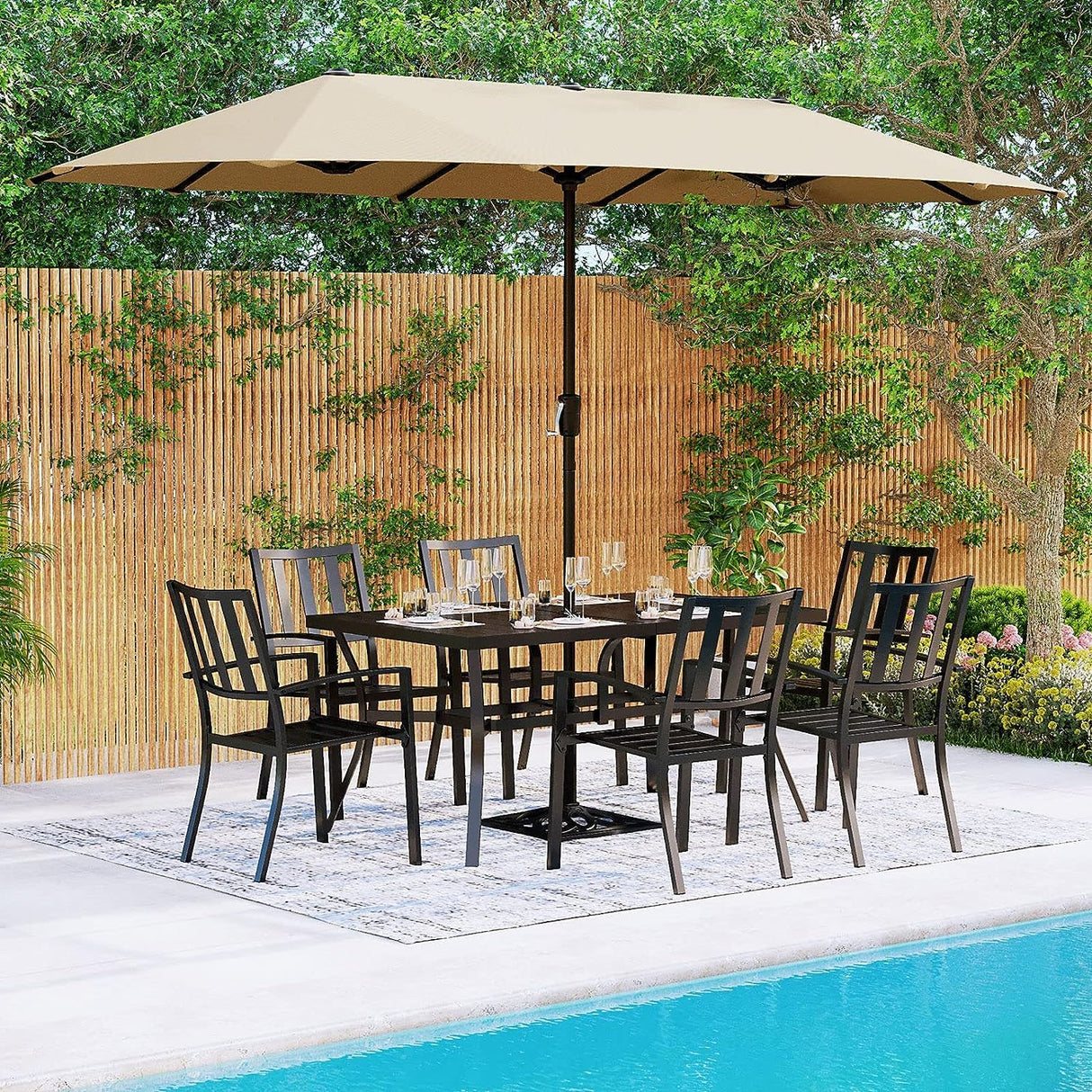 Outdoor Metal Steel Slat Dining Rectangle Table with Adjustable Umbrella Hole