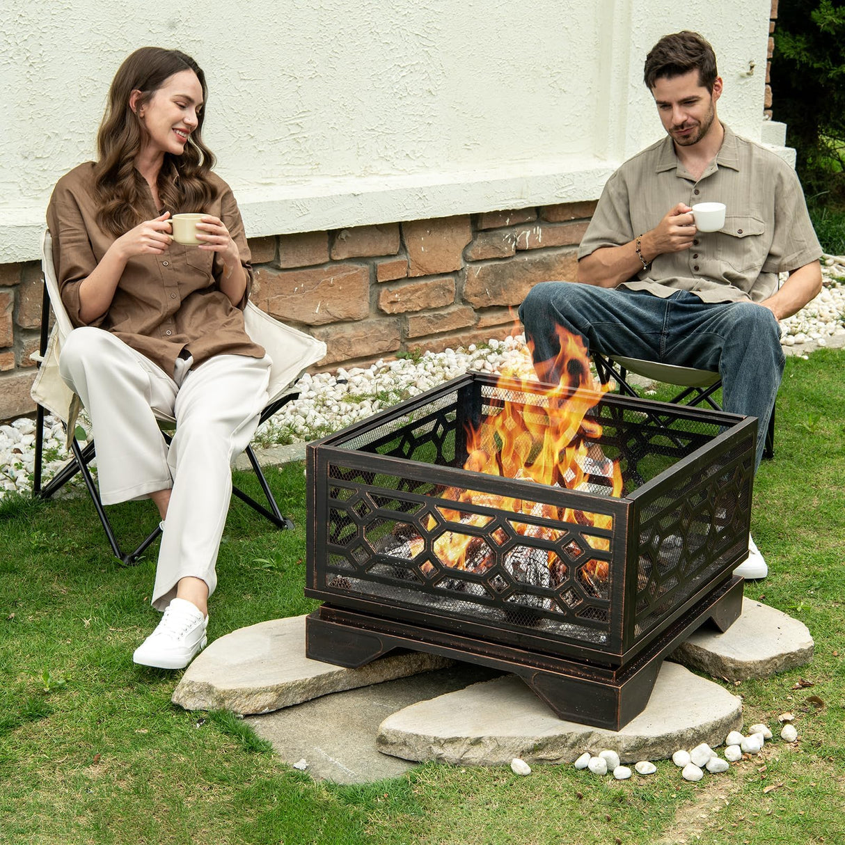 Outdoor Fire Pit, 26 Inch Wood Burning Firepit for Outside with Mesh Cover & Fire Poker