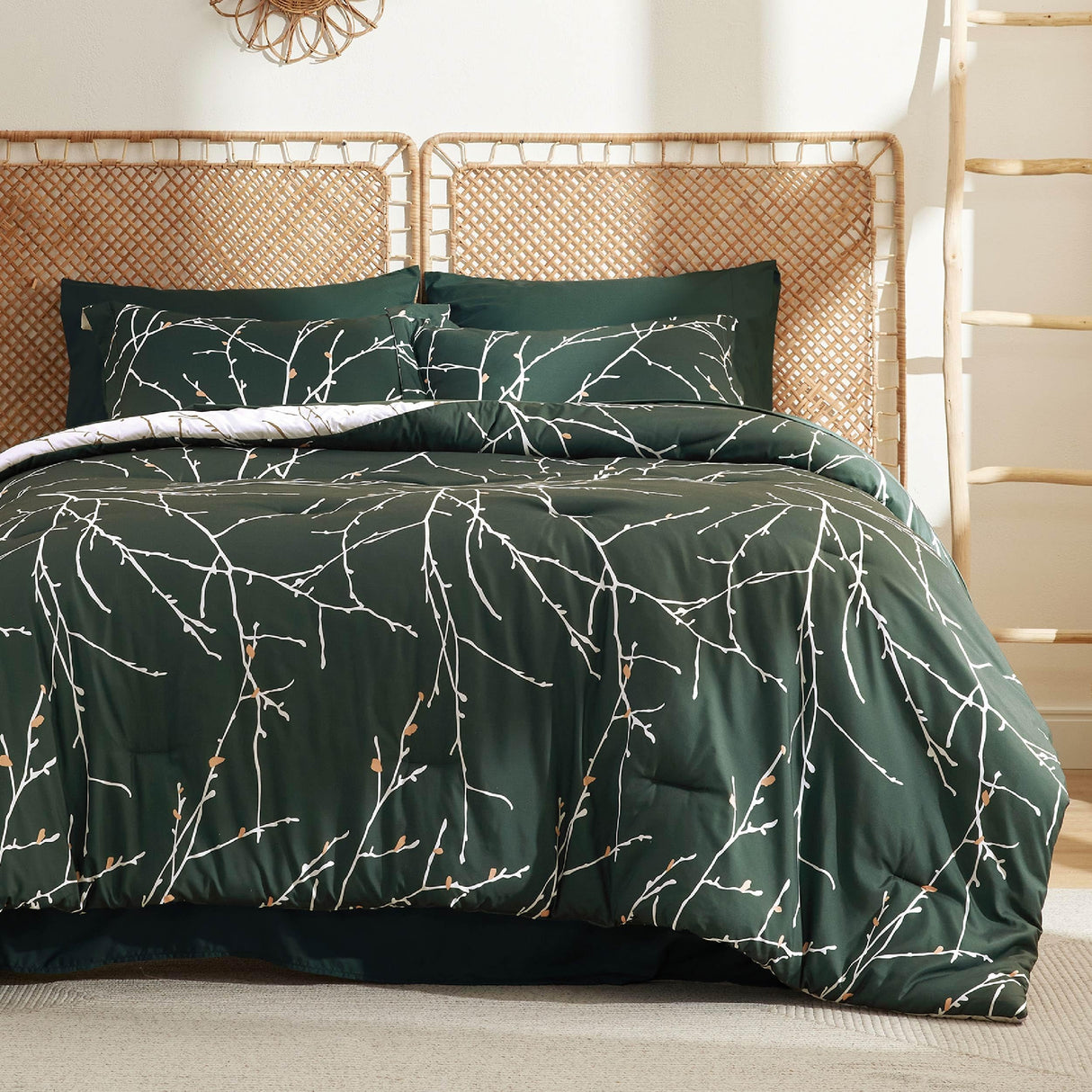 Forest Green Queen Comforter Set - 7 Pieces Floral Bedding Sets Queen Bed in a Bag