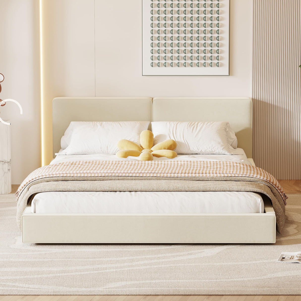 Upholstered Grounded Bed Platform Bed with Velvet Fabric