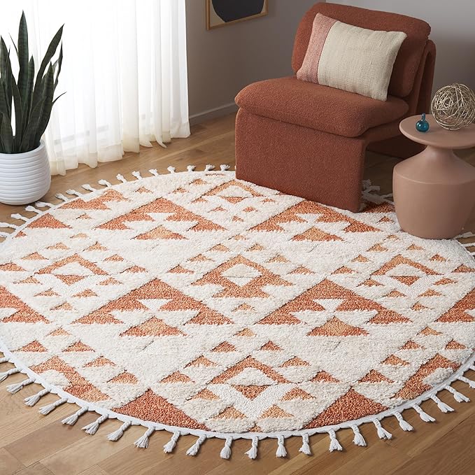 Moroccan Tassel Shag Collection Area Rug - 6'7" Square, Ivory & Brown