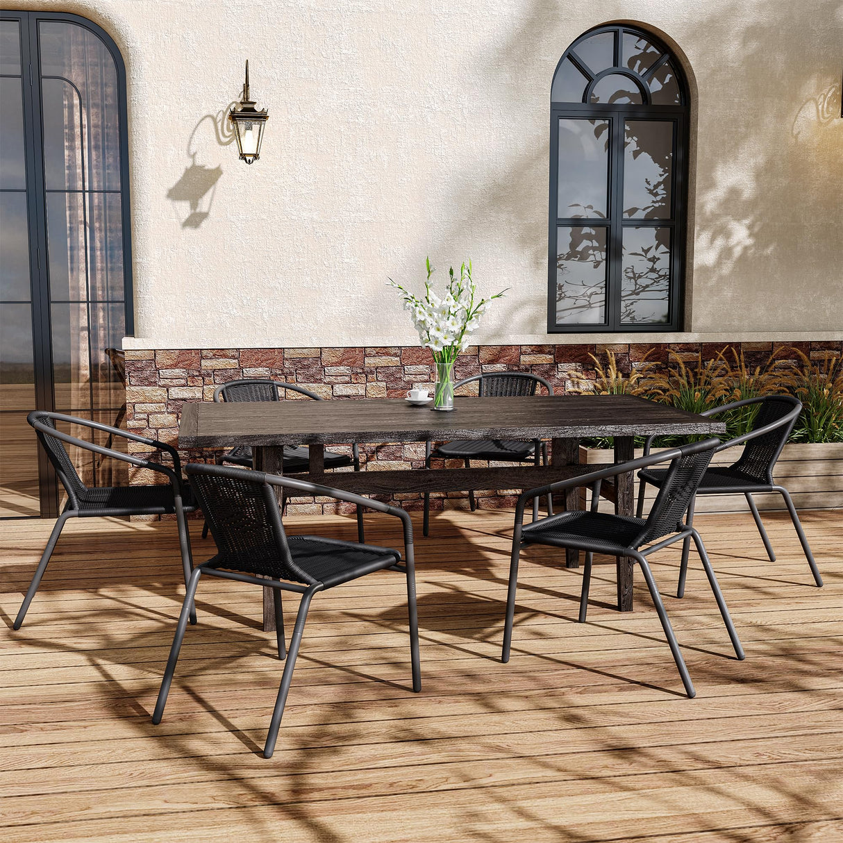 Rattan Outdoor Dining Chairs Set of 6, Wicker Stackable Patio Chairs