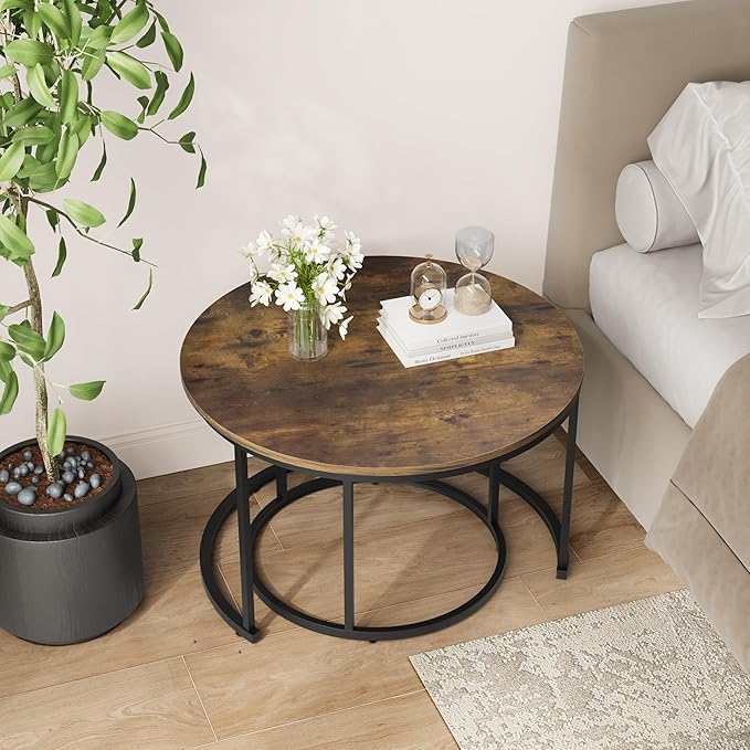 Nesting Coffee Table Set of 2, 27.6" Round Coffee Table Wood Grain Top with Adjustable Non-Slip Feet, Industrial End Table Side Tables for Living Room Bedroom Balcony Yard