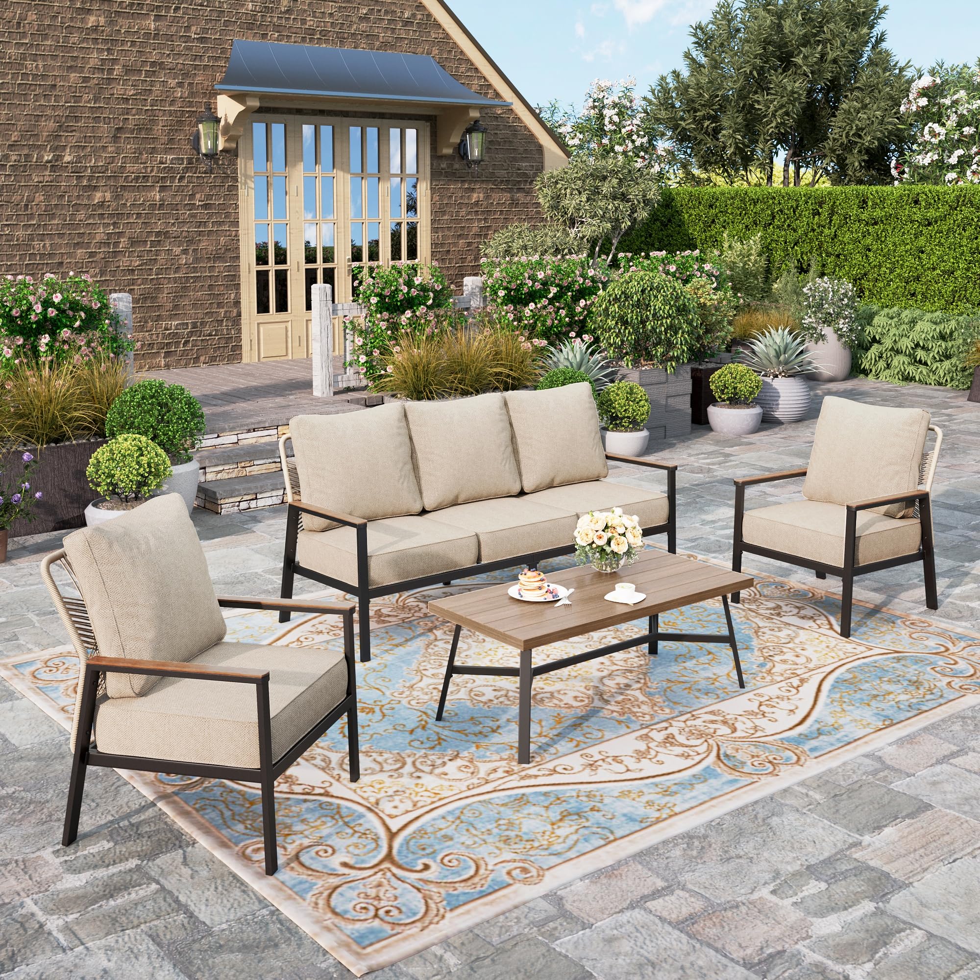 Patio Furniture Set, 2 x High Back Cushioned Leg Chair, 1 x 3-Seat Sofa