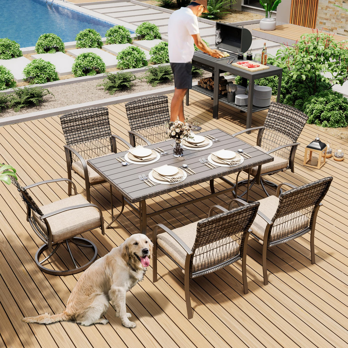 7 Piece Patio Dining Set for 6,Wicker Outdoor Furniture Set for Backyard Garden Deck Poolside