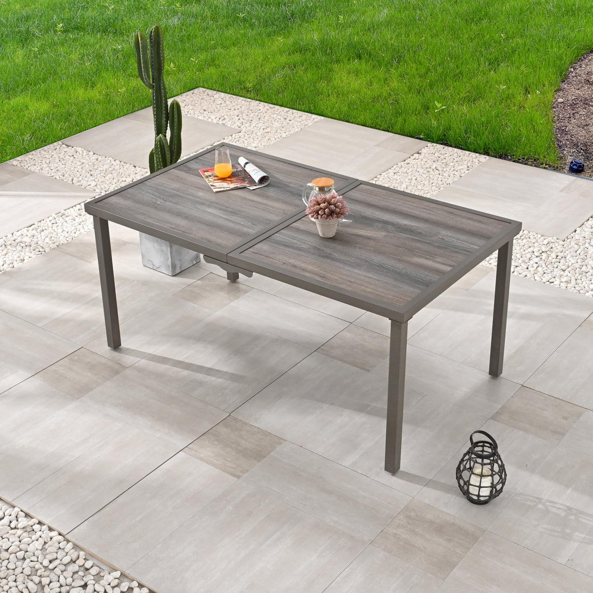 Rectangular Outdoor Patio Dining Table with Wood-Like Tabletop
