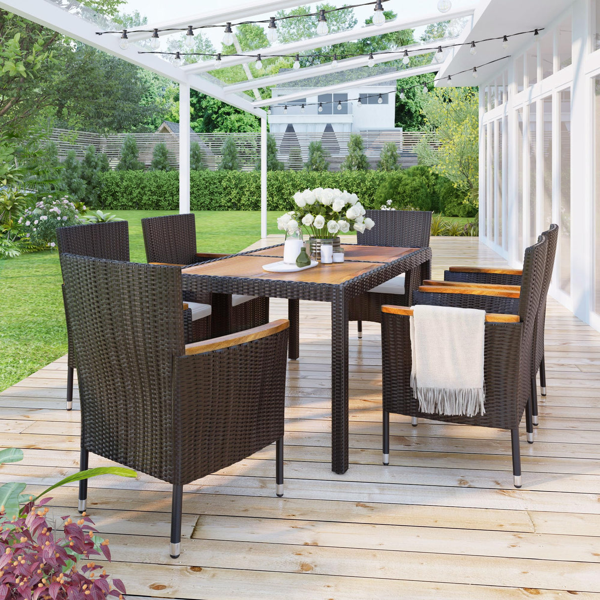 7-Piece Outdoor Patio Dining Set, Garden PE Rattan Wicker Dining Table and Chairs Set