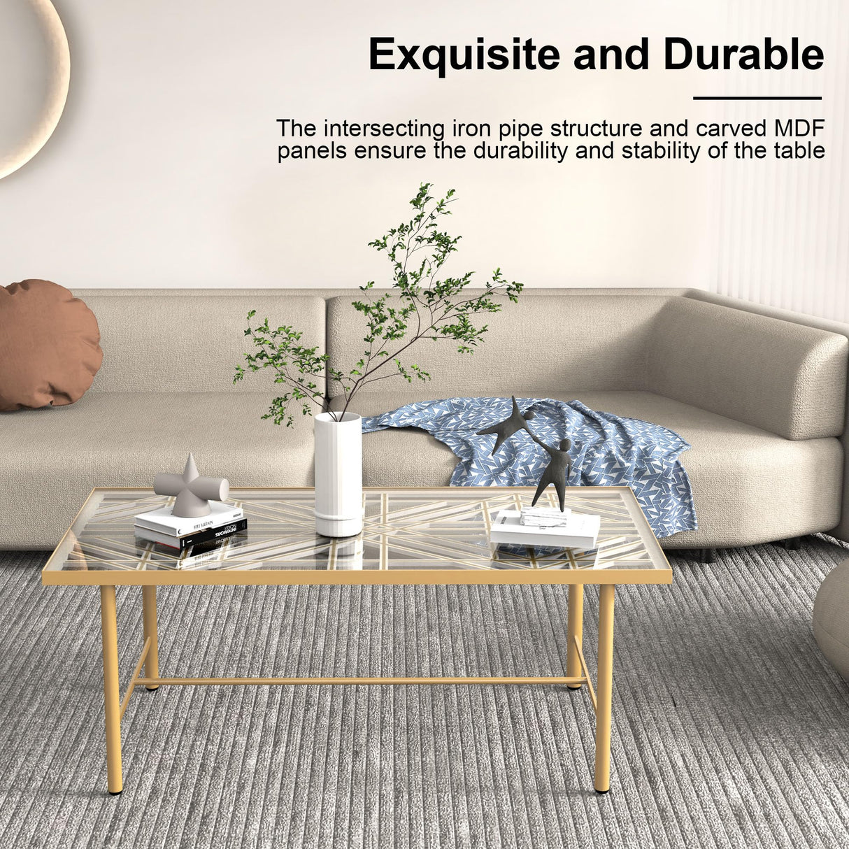 Rectangle Glass Coffee Table with 3D Hollow Carving Wooden Board, Modern Coffee Table