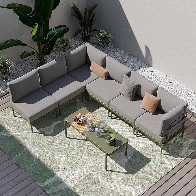 7 Pieces Metal Patio Furniture Set, Outdoor Sectional Sofa w/6 Inch Olefin Cushion and Coffee Table