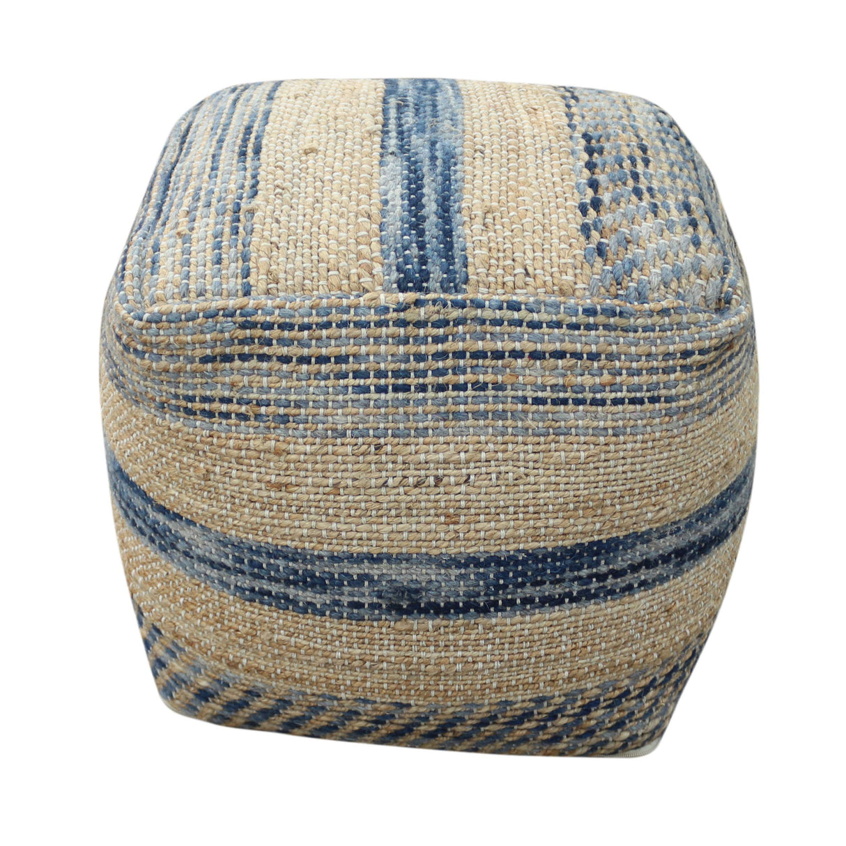 Lola Boho Hemp and Wool Pouf, Natural and Blue