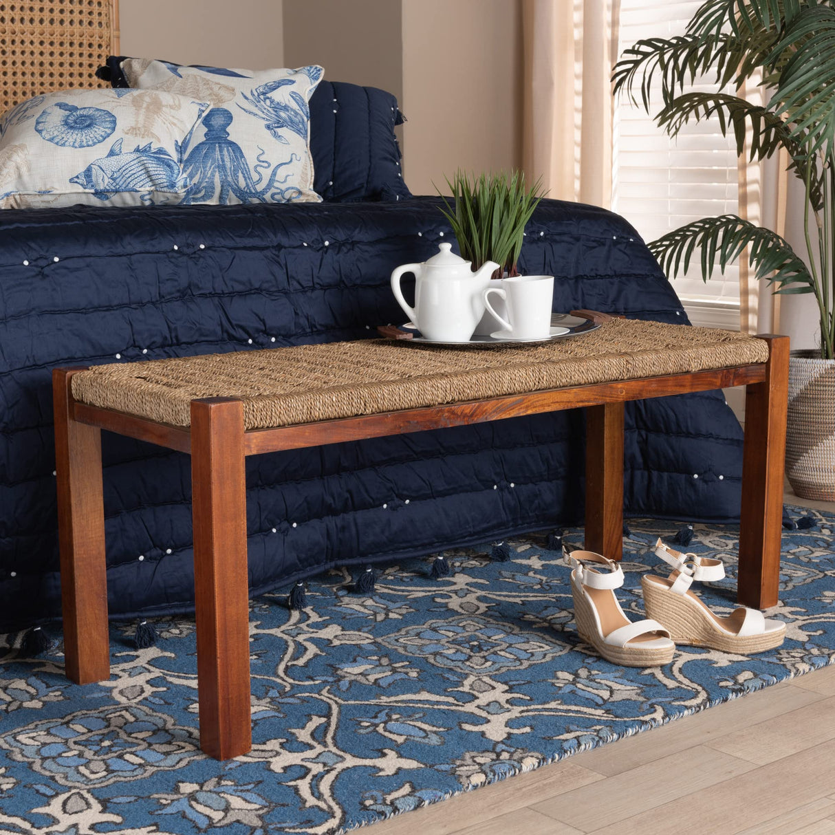 Hermes Woven Seagrass Accent Bench, One Size, Walnut Brown