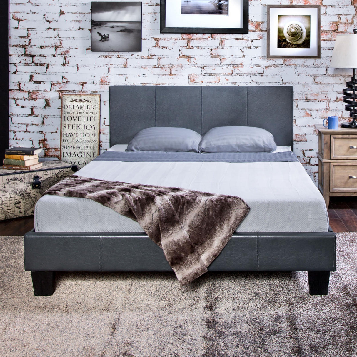 Furniture of America Ramone Faux Leather King Platform Bed in Gray