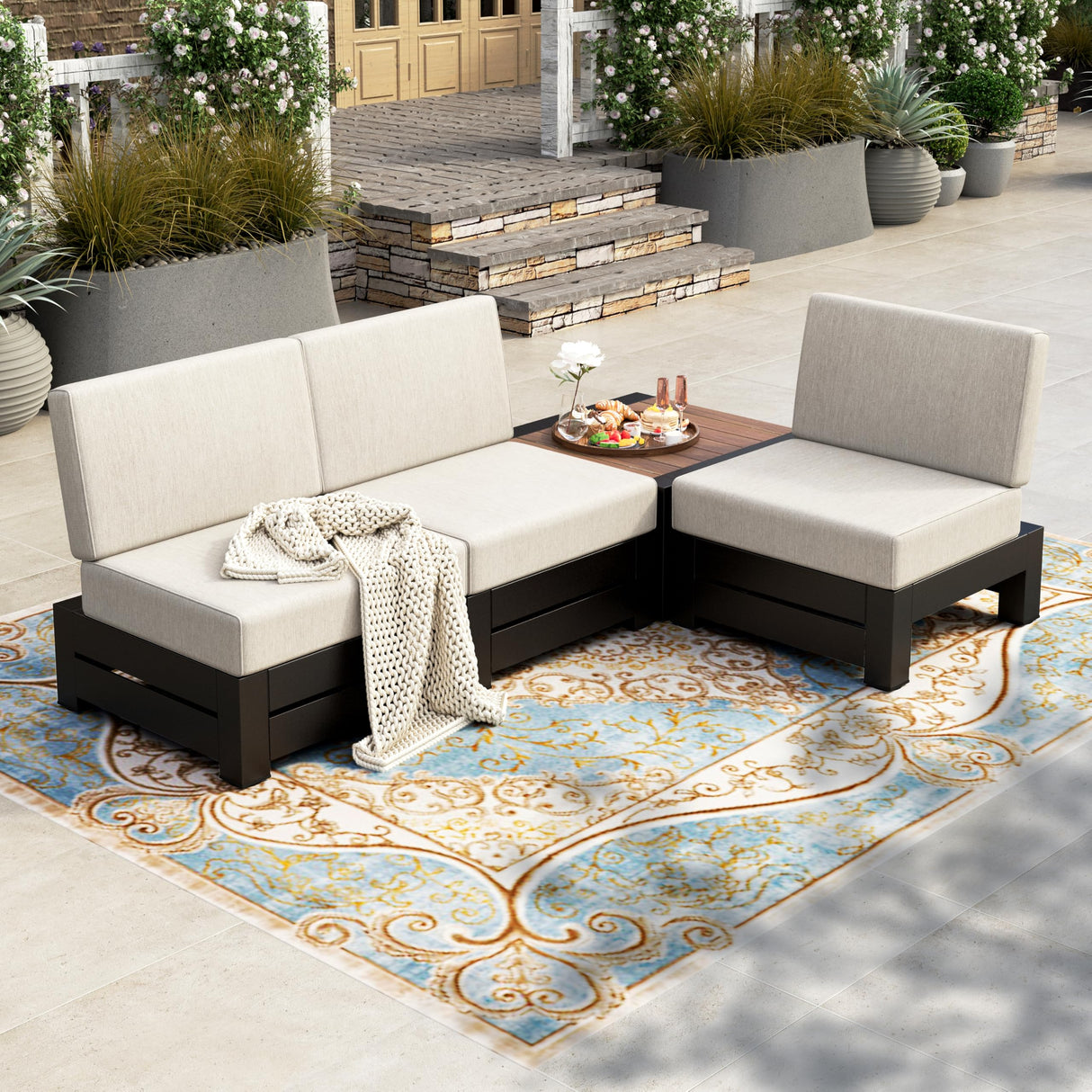 4-Piece Patio Furniture Set, All Weather Outdoor Sectional Sofa with 28" Coffee Table