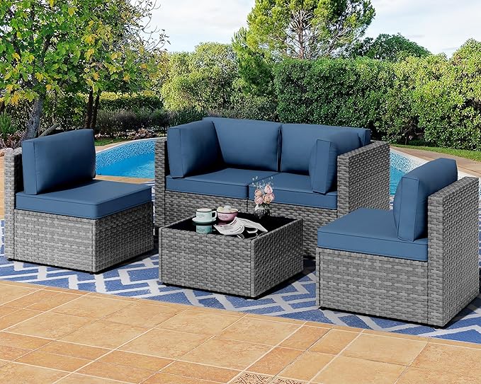 7 Pieces Outdoor Patio Sectional Sofa Couch, Silver PE Wicker Furniture Sets