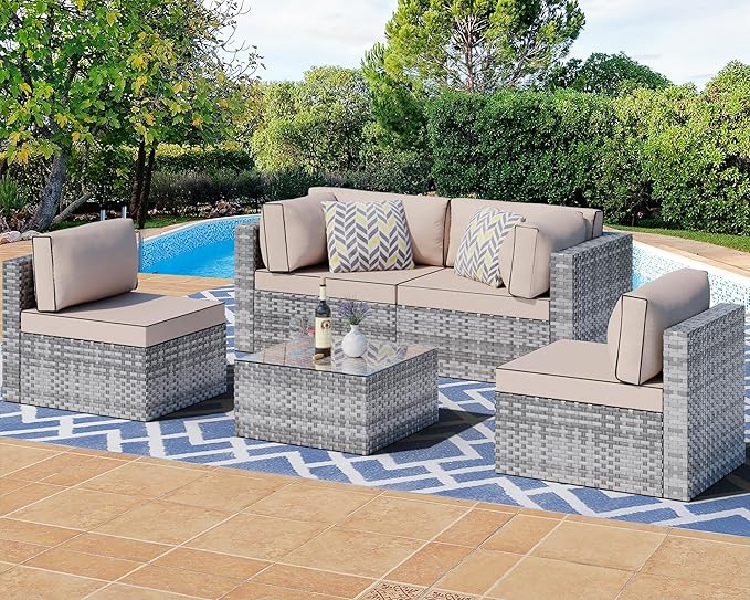 7 Pieces Outdoor Patio Sectional Sofa Couch, Silver Gray PE Wicker Furniture Conversation Sets