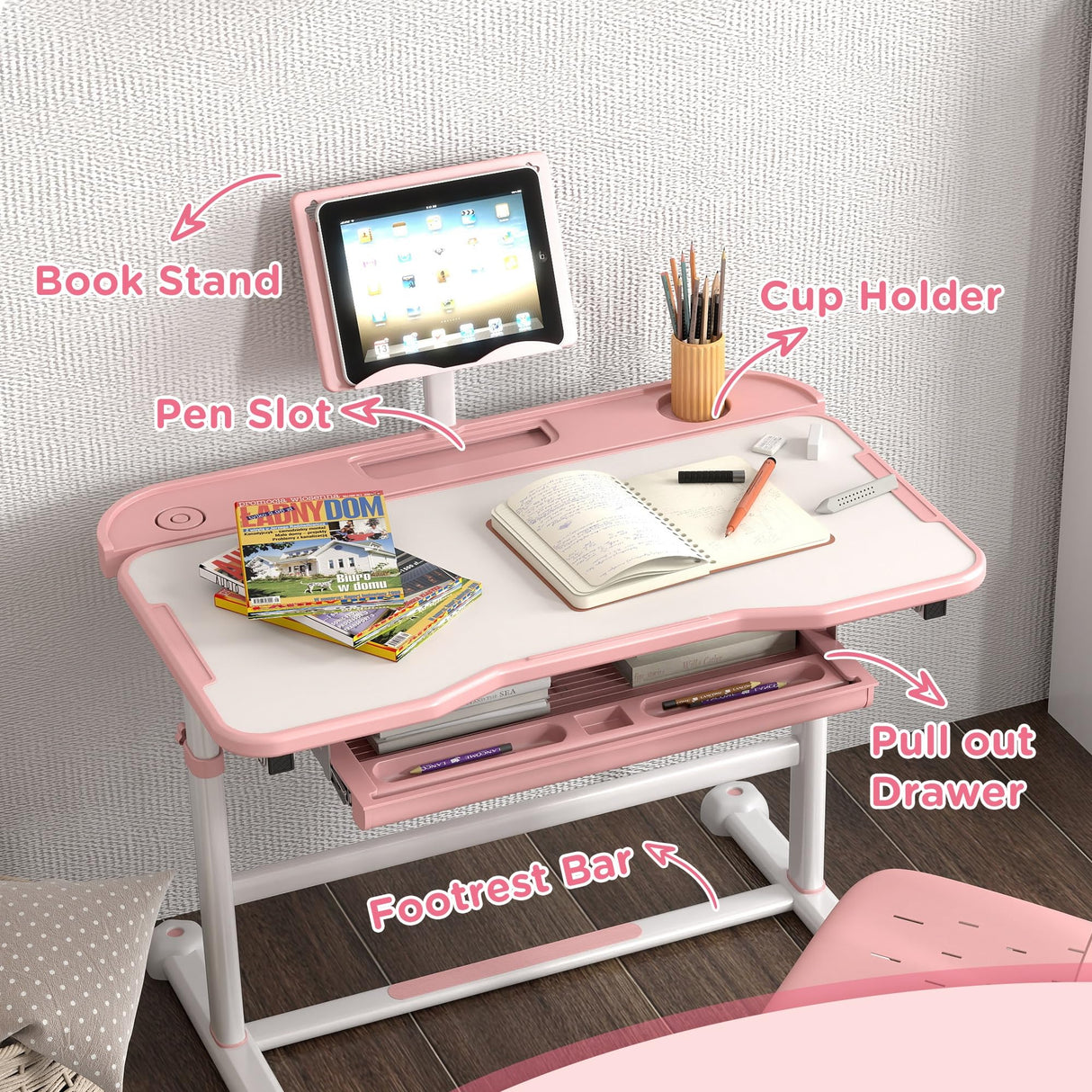 Chair Set, Height Adjustable Kids School Study Desk and Chair Set with Tilt Desktop, Storage Drawer & Book Stand for Writing, Reading and Drawing, Pink