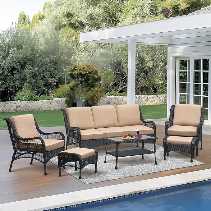 Set of 2 Wicker Ottomans, Outdoor Wicker Footstool with Soft Zippered Cushions