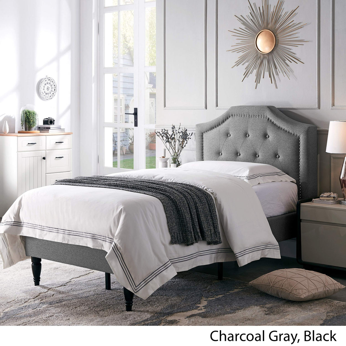 Xenia Twin Bed Platform, Charcoal Gray, Black