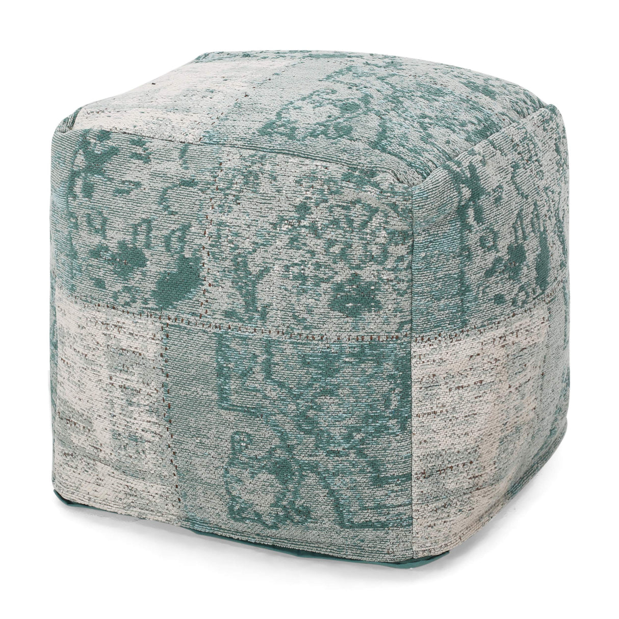 Hannah Hand-Loomed Boho Fabric Cube Pouf, Teal, Beige